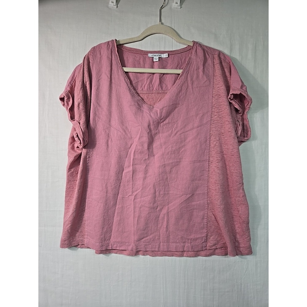 Chico's Women's 2 (L) Linen Blend Blouse Tact Short Sleeves Solid Pink Top V Nec